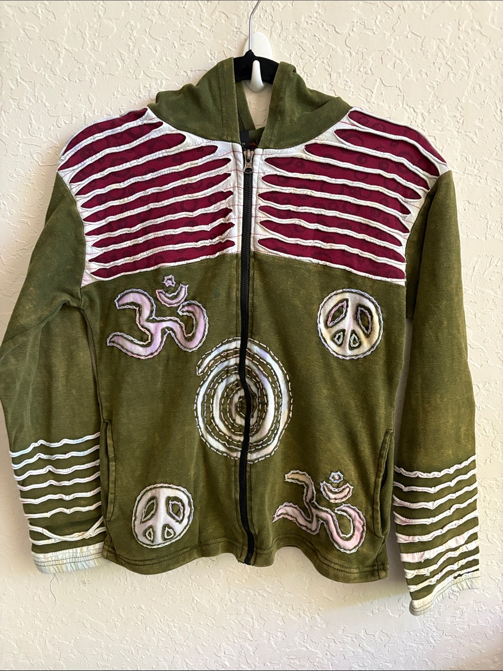 Shop Therapy Zip Up Jacket Hoodie Pink White Appliqué Hippie Boho Peace Nepal